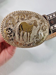 Vintage CRUMRINE Belt Buckle BRONZE Engraved HORSE Cowboy WESTERN Gold RODEO