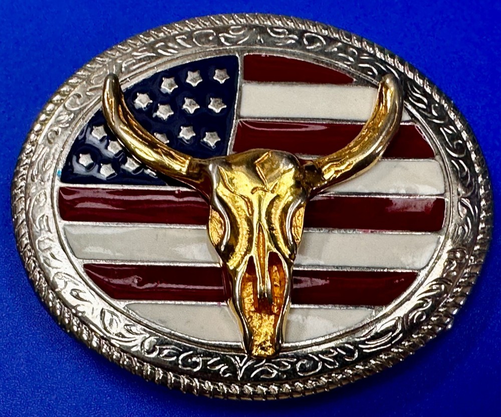 Texas Longhorn United States Flag Stars Stripes Forever Enameled Belt Buckle