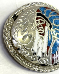 Silver Engraved Inlaid Belt Buckle Indian Chief Head Dress w/Turquoise & Coral