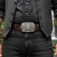 Men Women Western Belt Buckle Silver Metal Western Cross Cowboy Religious Design