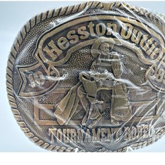 Hesston 1985 Tournament Rodeo Belt Buckle Vintage NFR Collectible Bronze Tone