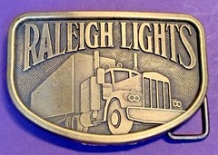 VINTAGE 1970s RALEIGH LIGHTS Metal Belt Buckle Tobacco Cigarette Ad SEMI TRUCK