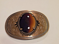 Vintage – Tiger&rsquo;s Eye Gemstone Belt Buckle – Bronze color w/Decorative Engraving