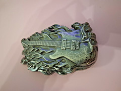Belt Buckle Flaming Skull Guitar Heavy Metal