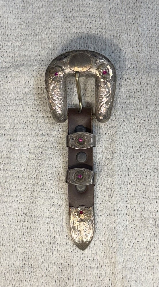 Vogt Sterling Silver 14K Gold Ruby Engraved Western Floral Belt Buckle 1.5 in