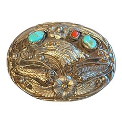 Vintage 1993 Handcrafted USA Eagle Belt Buckle Turquoise Coral Western Silver