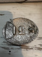 Western Oval Metal Belt Buckle Silver Blue Red Floral Embossed Fits 1.5in