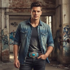 Men Silver Metal Buckle Western Fashion Turquoise Blue Beads Maya Aztec Style