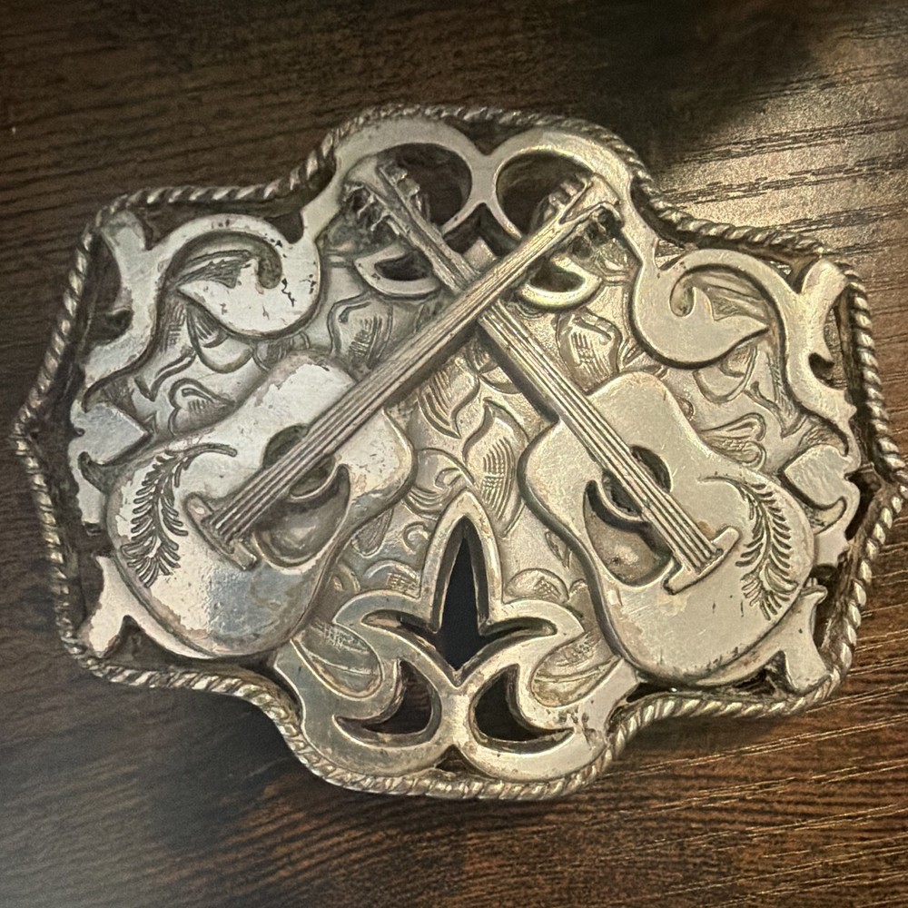Nocona Men&rsquo;s Western Silver Rectangular Belt Buckle Crossed Guitars Floral