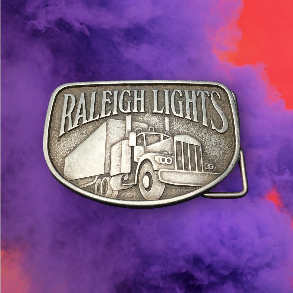 Belt Buckle Vtg Raleigh Lights Semi Truck 18 Wheeler Pewter Tobacco Cigarettes