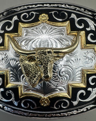 Vintage Western Longhorn Texan Rodeo Style Black Silver Gold Tones Large