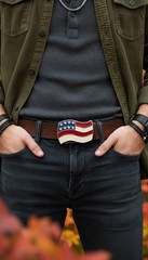 Men Women Teen Kids Buckle Western Cowboy Silver American USA Flag United States