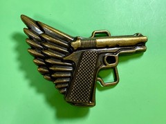 Winged Gun Flying Pistol Handgun Figural Cutout Brass Tone 4&Prime; Wide Belt Buckle
