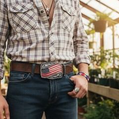 Men Silver Metal Buckle Western Fashion USA Flag United States America July 4th