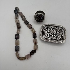Shiny Metal Fashion Belt Buckle Business Card Holder & Agate Necklace.