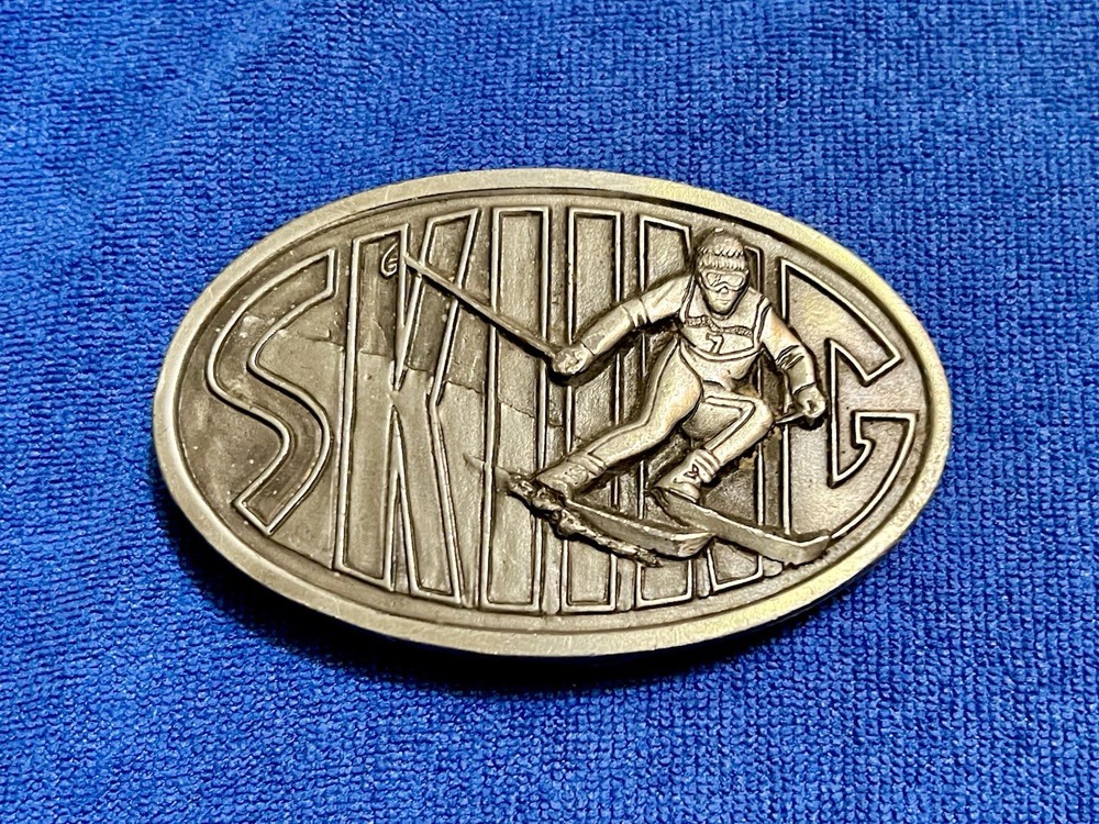Vintage Skiing Belt Buckle Brass 1976 Snow Cross Country Sports Aspen Vail