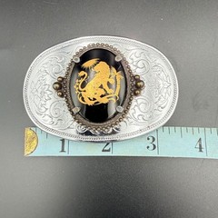 Vintage Lion Palm Tree Belt Buckle Silver Black Gold Oval Engraved Western Boho