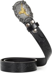 Western Cowboy-Belts for Men Big-Buckle Longhorn-Bull Pu-Leather Rodeo Cowgirl-B