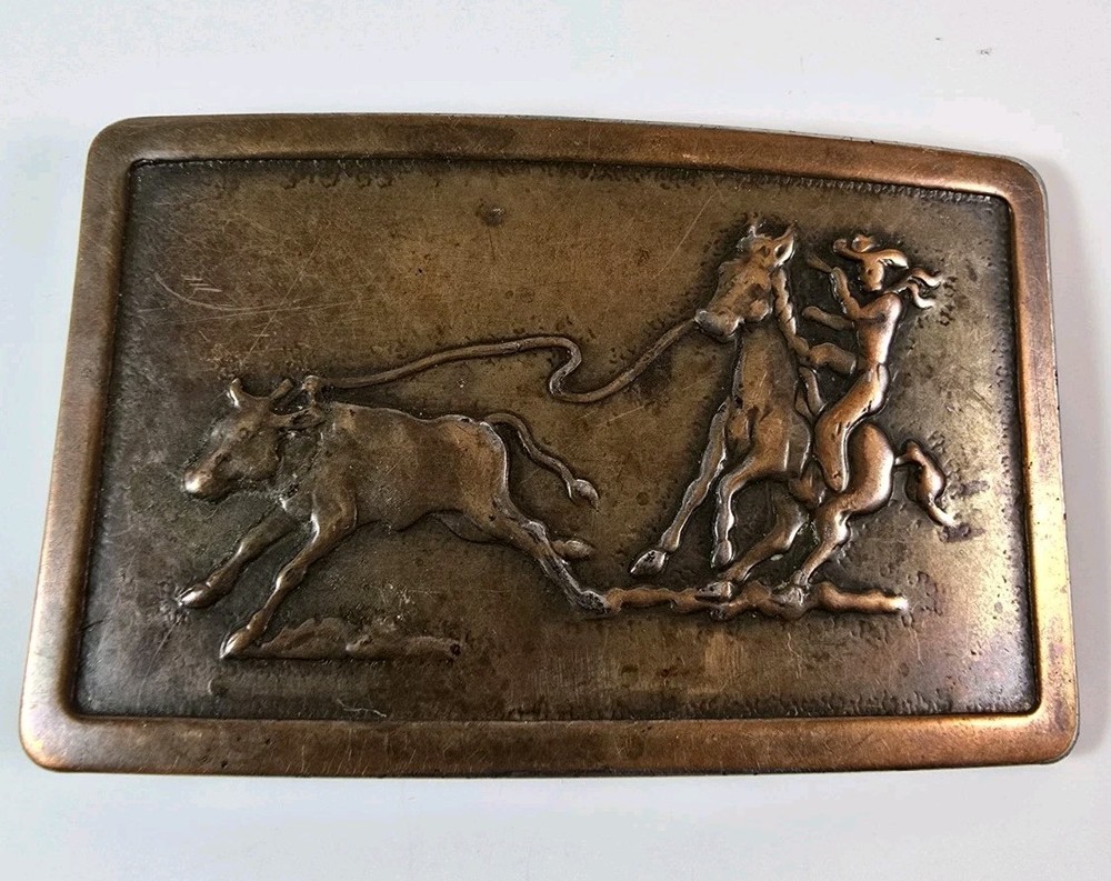 Vintage Embossed Calf/Steer Roping Belt Buckle☆1960s☆Copper Toned Metal☆USA☆☆☆☆☆