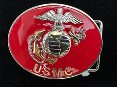 Western Belt Buckle, Siskiyou, United States Marine Corps, Red Enameled Oval