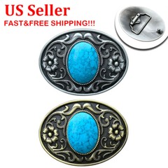 Belt Buckle Men Turquoise Belt Buckle Western Cowboy W/ Silver/Gold Engraved USA
