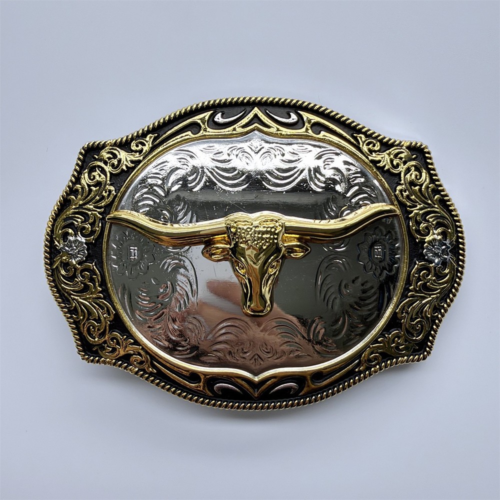Bright Silver With Gold Longhorn Bull Rodeo Cowboy Cowgirl Belt Buckle Hebilla