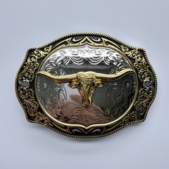 Bright Silver With Gold Longhorn Bull Rodeo Cowboy Cowgirl Belt Buckle Hebilla