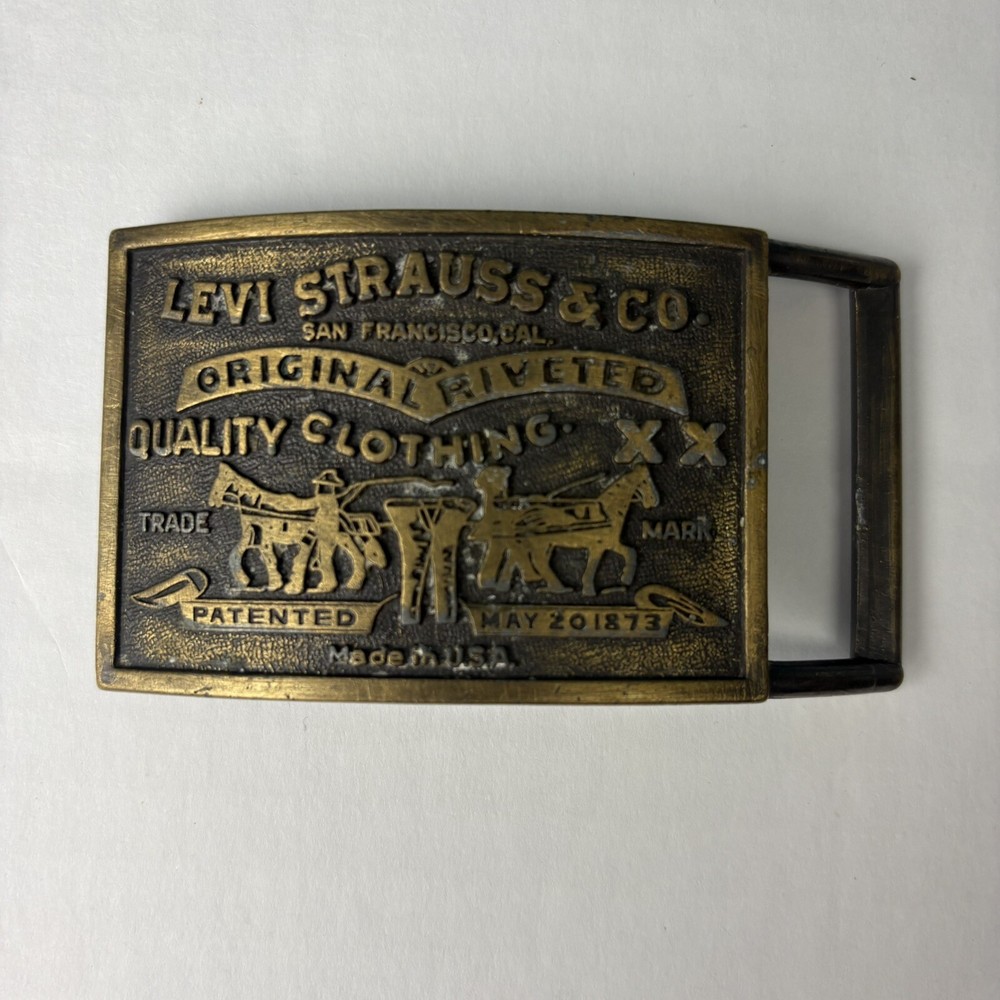 Vintage Levi Strauss & Co Belt Buckle Logo Patch Brass Adjustable R Mark on Back