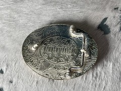 Crumrine Belt Buckle 3.75 x 3 in Horse Trio Oval Silver Engraved Gold 1.75