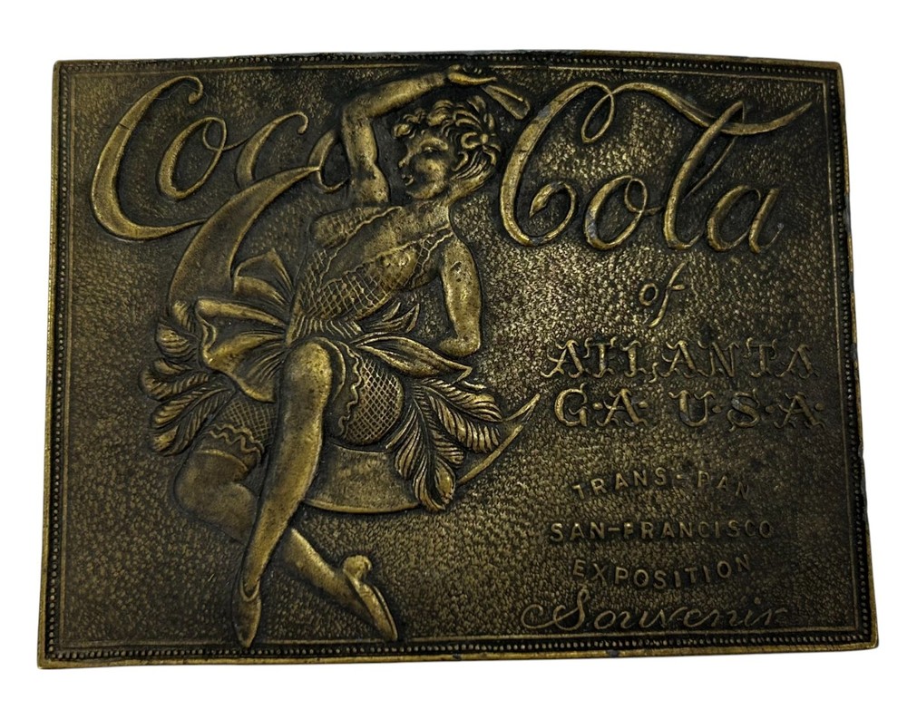 Coca Cola of Atlanta Dancer Brass Belt Buckle 3.5&Prime; x 2.5&Prime; Trans-Pan Exposition