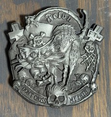NOS Y2K Lucky 13 Apparel Felon Metal Belt Buckle Zombie Cat Cross my Path Tattoo