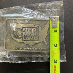 Vintage Red Man Land Belt Buckle Brass Tone Tobacco Advertising Americana USA