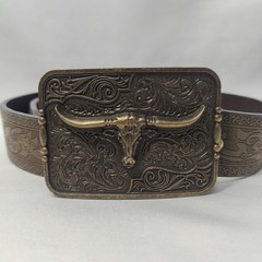 Long Horn Bull Western Cowboy Leather Belt & Buckle Vaquera Rodeo Con Toro, ~33&Prime;