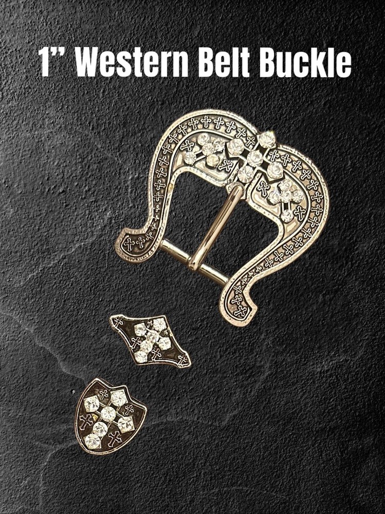 Western 3 Pcs 1” Wide Leather Belt Buckle Set With Cross & Crystals