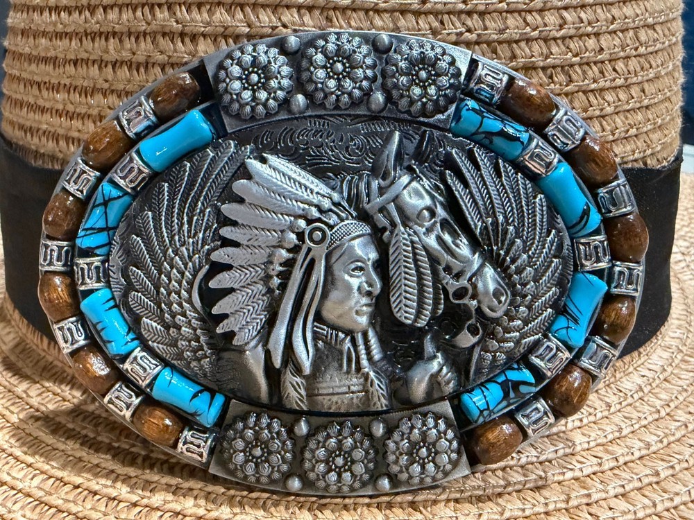 Classic Vintage Antiqued Silver Native American Chief and Horse Oval Belt Buckle