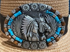 Classic Vintage Antiqued Silver Native American Chief and Horse Oval Belt Buckle