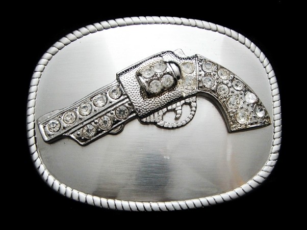 NC03135 *NOS* REALLY NICE **PISTOL W/ CRYSTALS** SILVERTONE FASHION BELT BUCKLE