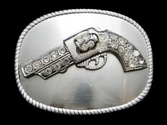 NC03135 *NOS* REALLY NICE **PISTOL W/ CRYSTALS** SILVERTONE FASHION BELT BUCKLE