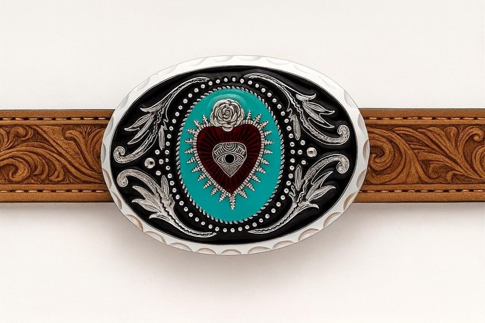 Sacred Heart Belt Buckle Valentines Day Turquoise Crown Mexican Art Western
