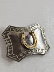 Chrome Horseshoe Belt Buckle Scroll Border Flared Ends Equestrian Vtg