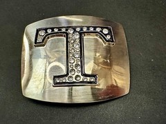 Letter Initial T – Silver color Vintage Belt Buckle – Missing Rhinestone?