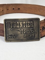 Vintage 80s FRONTIER Gold Rush Club Belt Buckle w/ Embossed Brown Leather Belt