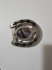 Western Horseshoe Belt Buckle Silver Tone Metal w/ Oval Agate Stone