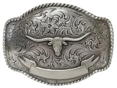 WESTERN ANTIQUE LONGHORN STEER COWBOY TROPHY ROPE EDGE BELT BUCKLE fits 1-1/2&Prime;