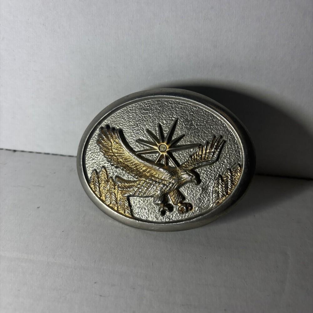 Vintage 70s 80s Western Gold & Silver Tone Flying Eagle Oval Belt Buckle