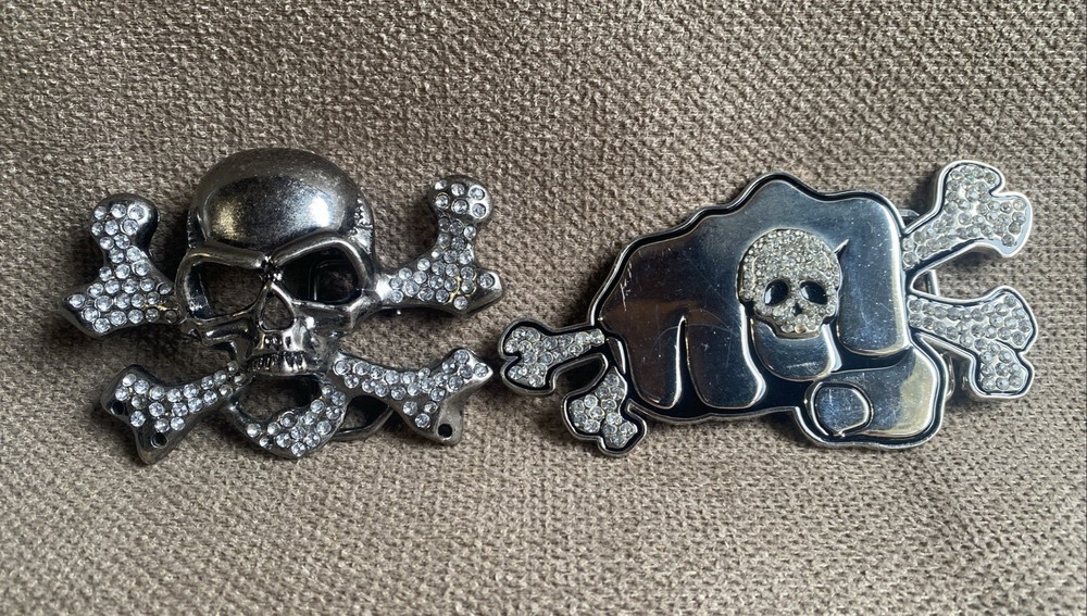 Vintage Rhinestones Punching Fist Skulls Belt Buckles Set Of 2