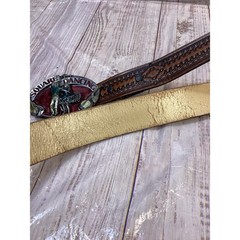 Vintage 1983 Siskiyou Square Dancing Belt Buckle with Tooled Leather Belt Brown