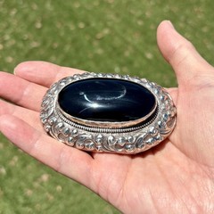 Handmade Large Black Onyx Tibetan Silver Floral Scroll Belt Buckle Western Boho
