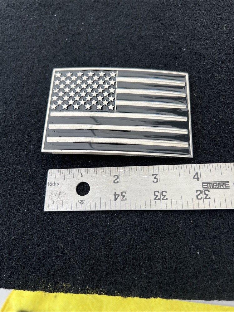 Patriotic American USA Flag Silver Tone And Black Metal Rectangle Belt Buckle