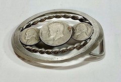 Pewter? Coin Belt Buckle – Made with 2 Jefferson Nickels & 1 Kennedy Half Dollar